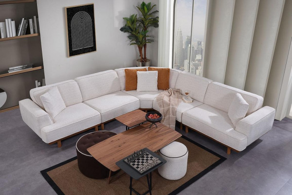 Witte woonkamer 6-delige set, ontwerper bekleding hoekbank 2x voetenbank salontafel