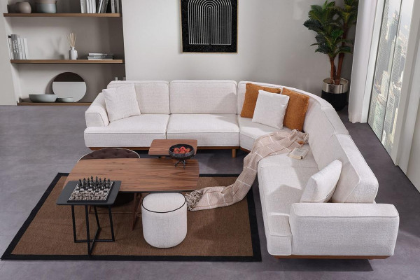 Witte woonkamer 6-delige set, ontwerper bekleding hoekbank 2x voetenbank salontafel