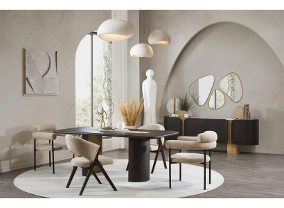 Zwarte-beige eetkamerset Rechthoekige eettafel 4x stoelen Spiegel