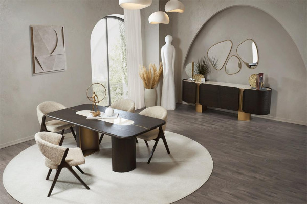 Zwarte-beige eetkamerset Rechthoekige eettafel 4x stoelen Spiegel