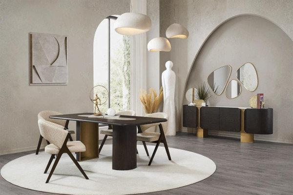 Zwarte-beige eetkamerset Rechthoekige eettafel 4x stoelen Spiegel