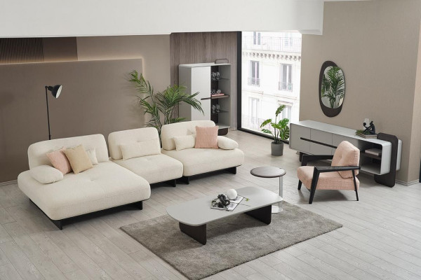Moderne woonlandschap hoekbank salontafel bijzettafel fauteuil 4-delige set.