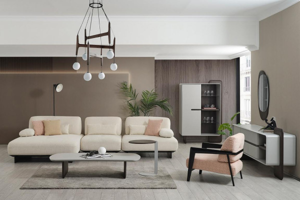 Moderne woonlandschap hoekbank salontafel bijzettafel fauteuil 4-delige set.