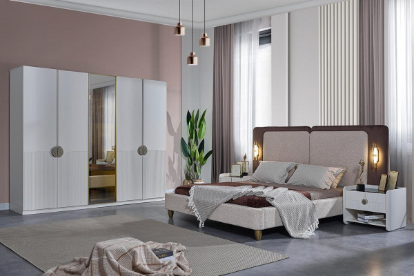 Stijlvolle slaapkamer meubels Ontwerper bed 2x nachtkastjes kledingkast