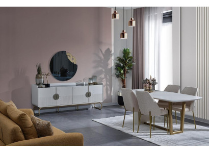 Witte houten eetkamerset, design eettafel, 4 gestoffeerde stoelen, 7-delig.
