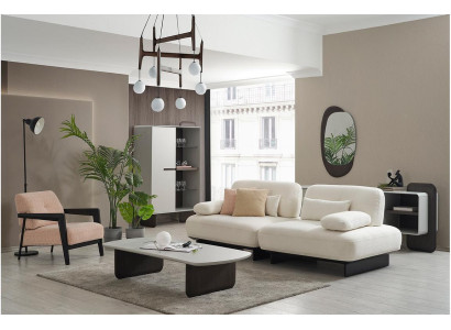 Elegante woonkamerset Witte stoffen bank Textiele fauteuil Salontafel