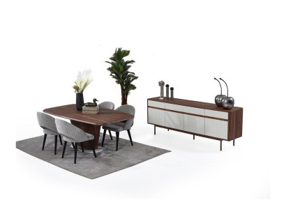 Stijlvolle eetkamer meubels Bruine eettafel 4x gestoffeerde stoelen Commode set