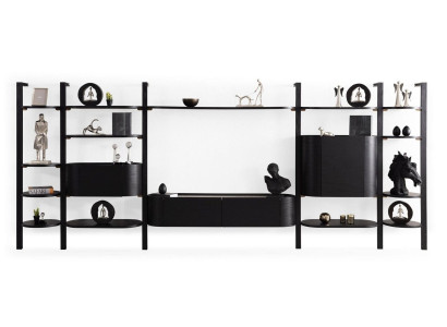 Exclusieve zwarte woonkamer set, designer woonkamer meubelen, luxe houten wand.