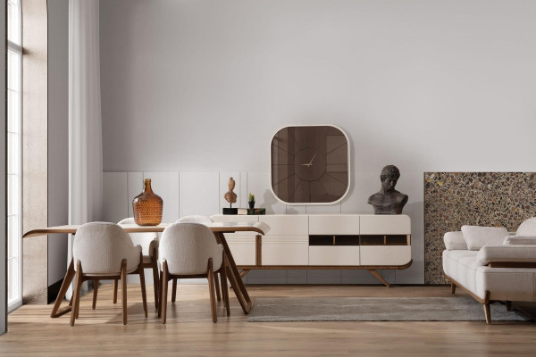 Wit-bruine eetkamerset Moderne eettafel 6x gestoffeerde stoelen 9-delig