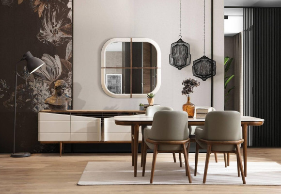 Bruin-wit eetkamer meubels, design eetkamerset, luxe 9-delige set