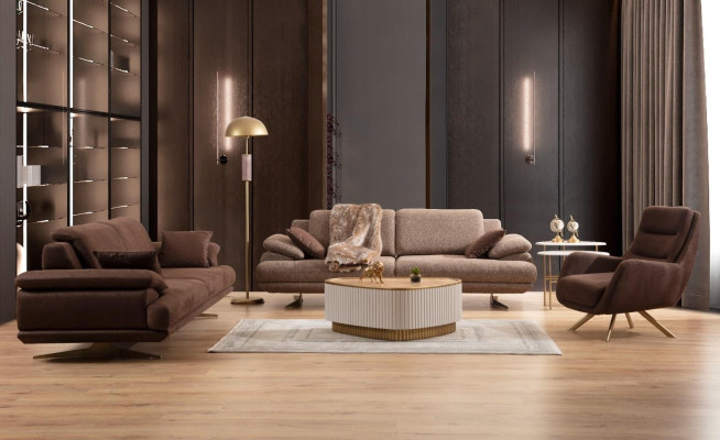 Beige-bruin woonkamer bankstel 3-zits fauteuil salontafel