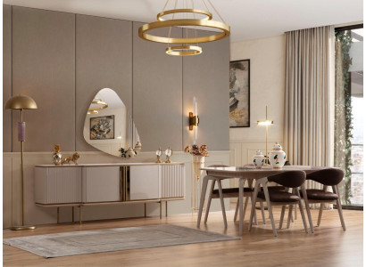 Houten meubelontwerp eetkamerset Beige eettafel 4X stoel Dressoir