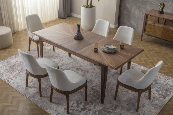 Eetkamerset Bruine eettafel Luxe witte 6x gestoffeerde stoelen 7-delig