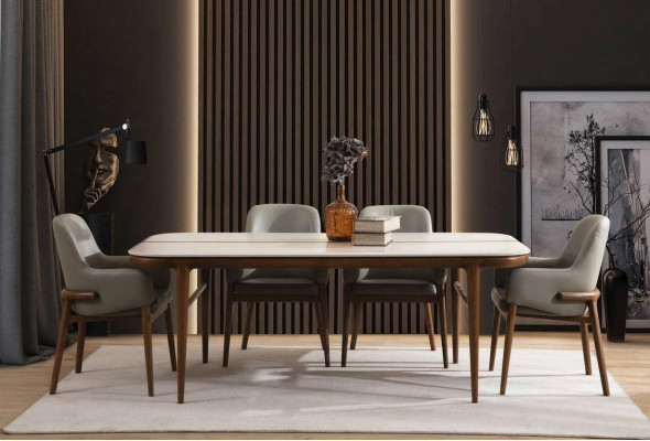 Eetkamer meubilair Houten tafel Ontwerper gestoffeerde stoelen Houten poten 7-delig Luxe set