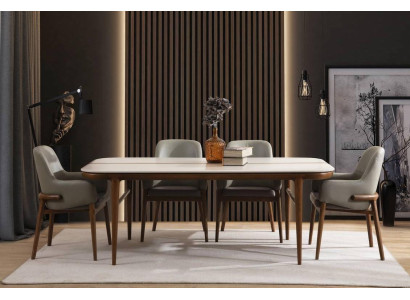 Eetkamer meubilair Houten tafel Ontwerper gestoffeerde stoelen Houten poten 7-delig Luxe set