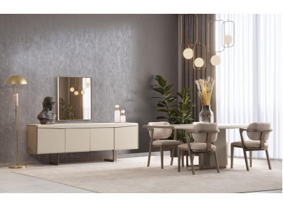 Beige eetkamerset, ontwerpeettafel, gestoffeerde stoelen, luxe dressoir