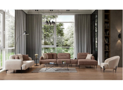 Moderne bruin-witte bankstel, 3-zits stoffen fauteuil L-vormige hoekbank
