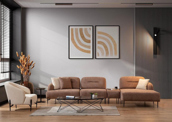 Bruin-Beige woonkamer zithoek hoekbank woonlandschap fauteuil 2-delig