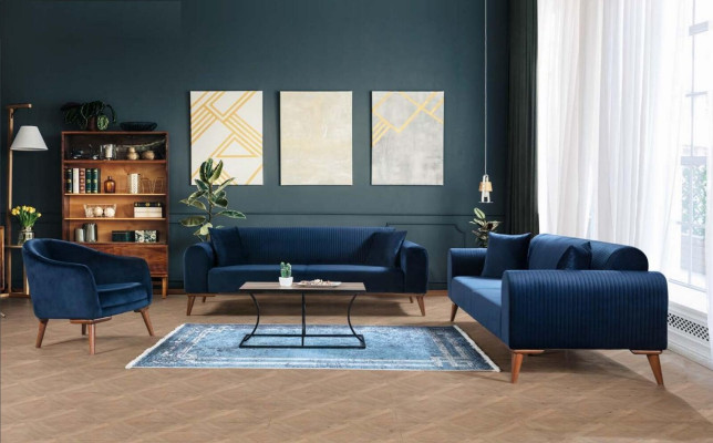 Elegante blauwe driezitsbank bank woonkamer zitmeubelen fluweel
