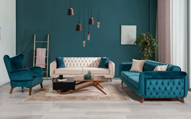 Designbank 3-zits bank Driepersoonsbekleding Stof Turkoois Zitkussen