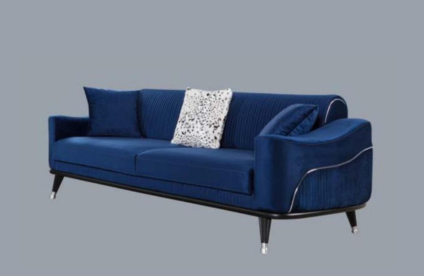 Blauw design bankstel driezits luxe bank fluweel meubelstof textiel