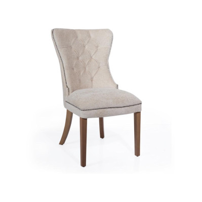 Beige eetkamer houten stoel gestoffeerd fauteuils klassieke design meubels