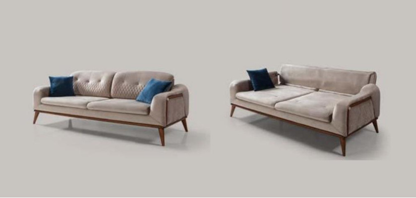Beige bankstel woonkamer driezits zitkussen bank meubels fluweel hout