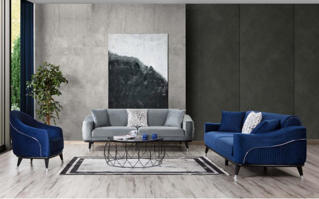 Bankstel 3+3+1 zits banken gestoffeerde banken hout grijs blauw fluweel