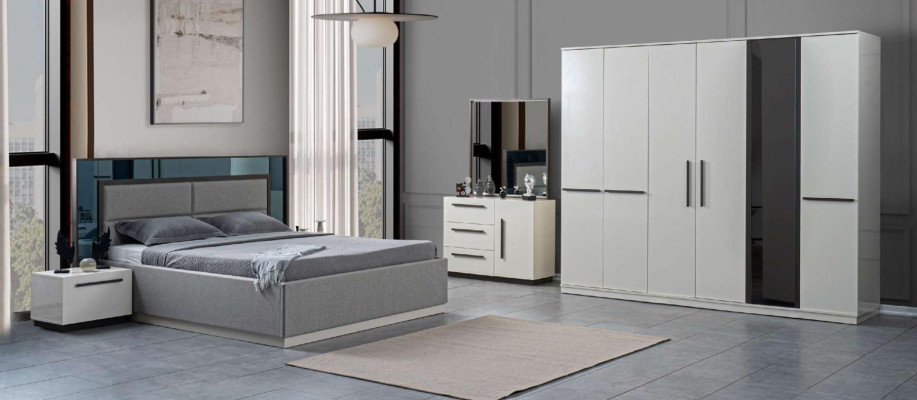 Bed + 2x bedside tables 5-piece bedroom designer luxury furniture modern set