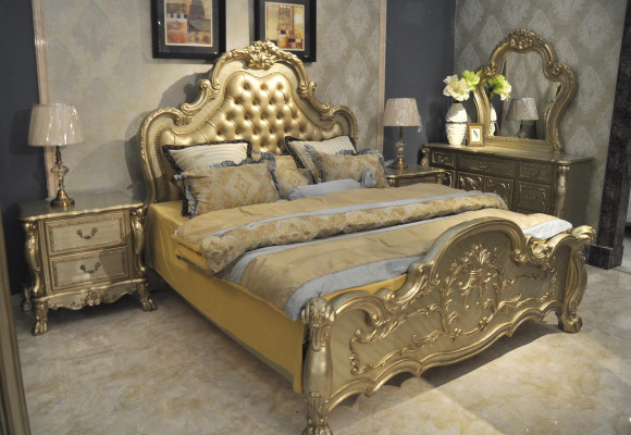 Bed + 2x bedside table 3-piece bedroom set Designer luxury bedroom Baroque