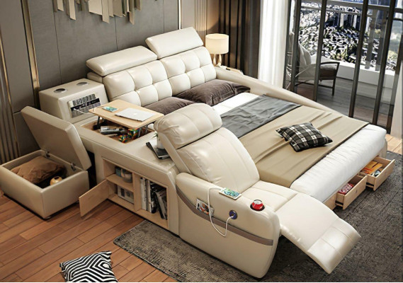 Bed Massage Bed multifunctionele bedden gestoffeerde USB-regel leren bekleding luxe