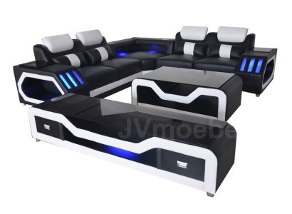 3-delig Set Leren Bankstel Hoekbank Zitkussens + Tafel + TV L Vorm Nieuw