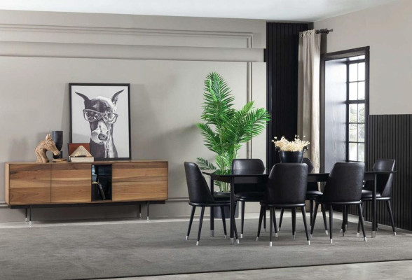 8-delige keukenset met stoelen, moderne stijl, zwarte kleur, comfortabel nieuw.