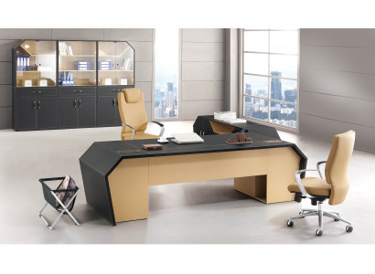 Stel kantoormeubelgroep hoek bureau chef tafel lederen houten dressoir