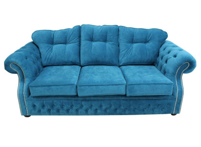 Blauwe Chesterfield stoffen bekleding driezits woonkamer bank ontwerp