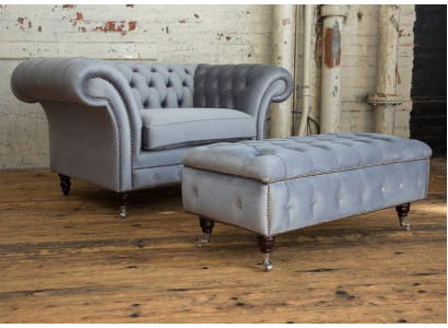 Chesterfield hocker voetstoel poef ottoman bijzet relax textiel leer nieuw