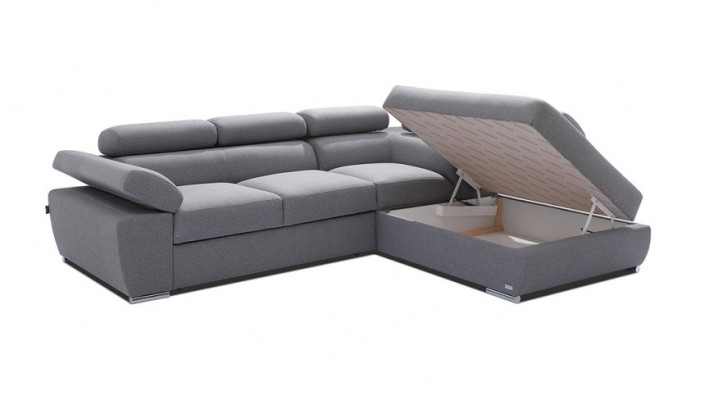 Bedframe met bedfunctie hoekbank stof L-vorm bank design stoffering textiel modern