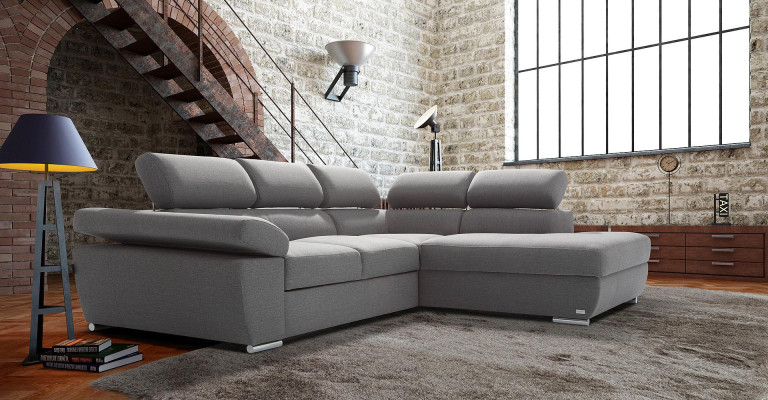 Bedframe met bedfunctie hoekbank stof L-vorm bank design stoffering textiel modern