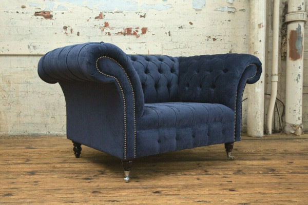 Chesterfield fauteuil bank bekleding sofa banken 1,5 zits eenzitter blauw textiel