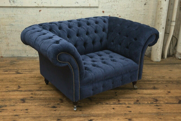 Chesterfield fauteuil bank bekleding sofa banken 1,5 zits eenzitter blauw textiel