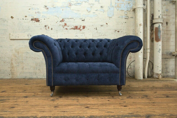Chesterfield fauteuil bank bekleding sofa banken 1,5 zits eenzitter blauw textiel