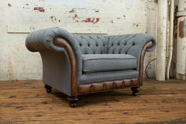 Chesterfield Design Stof Bankstel Fauteuil 1,5-zits Bekleding Sofa's Lounge Fluweel Grijs