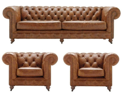 Bruin Chesterfield+2 fauteuils leren banken creatieve meubels nieuwe woonkamer sofa