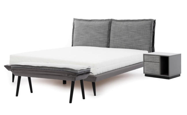 Slaapkamer set Grijs Bed Elegante 2x Nachtkastjes Luxe Kruk Modern 4-delig.