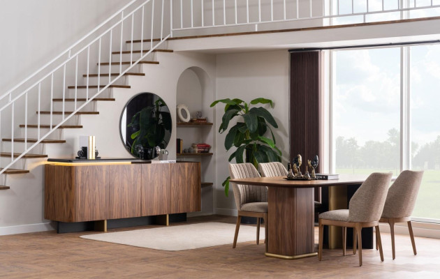 Eetkamer set eetgroep eettafel stoelen hout 8-delig bruin dressoir