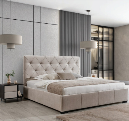 Beigekleurig Chesterfield tweepersoonsbed met stoffen nachtkastjes slaapkamer set.