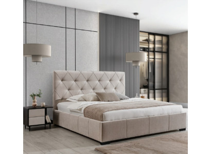 Beigekleurig Chesterfield tweepersoonsbed met stoffen nachtkastjes slaapkamer set.