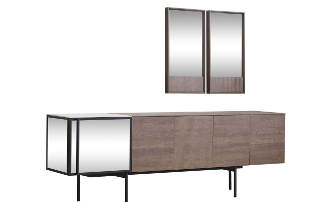Bruine eethoek set, designer houten dressoir met luxe spiegel, 2-delig.