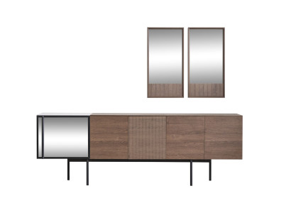 Bruine eethoek set, designer houten dressoir met luxe spiegel, 2-delig.