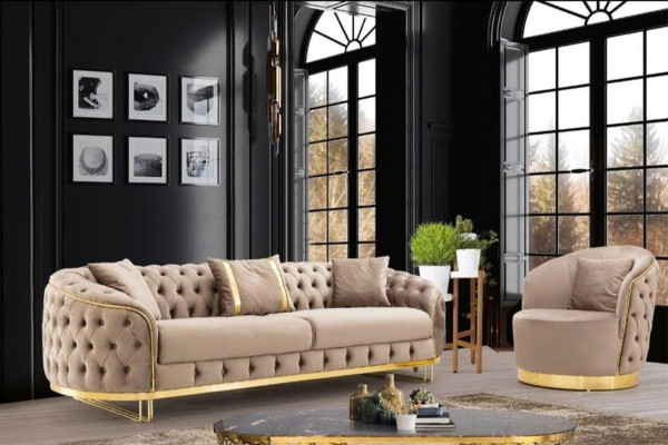 Designer woonkamerset 3-zitsbank en fauteuil Beige kleur 2-delig nieuw